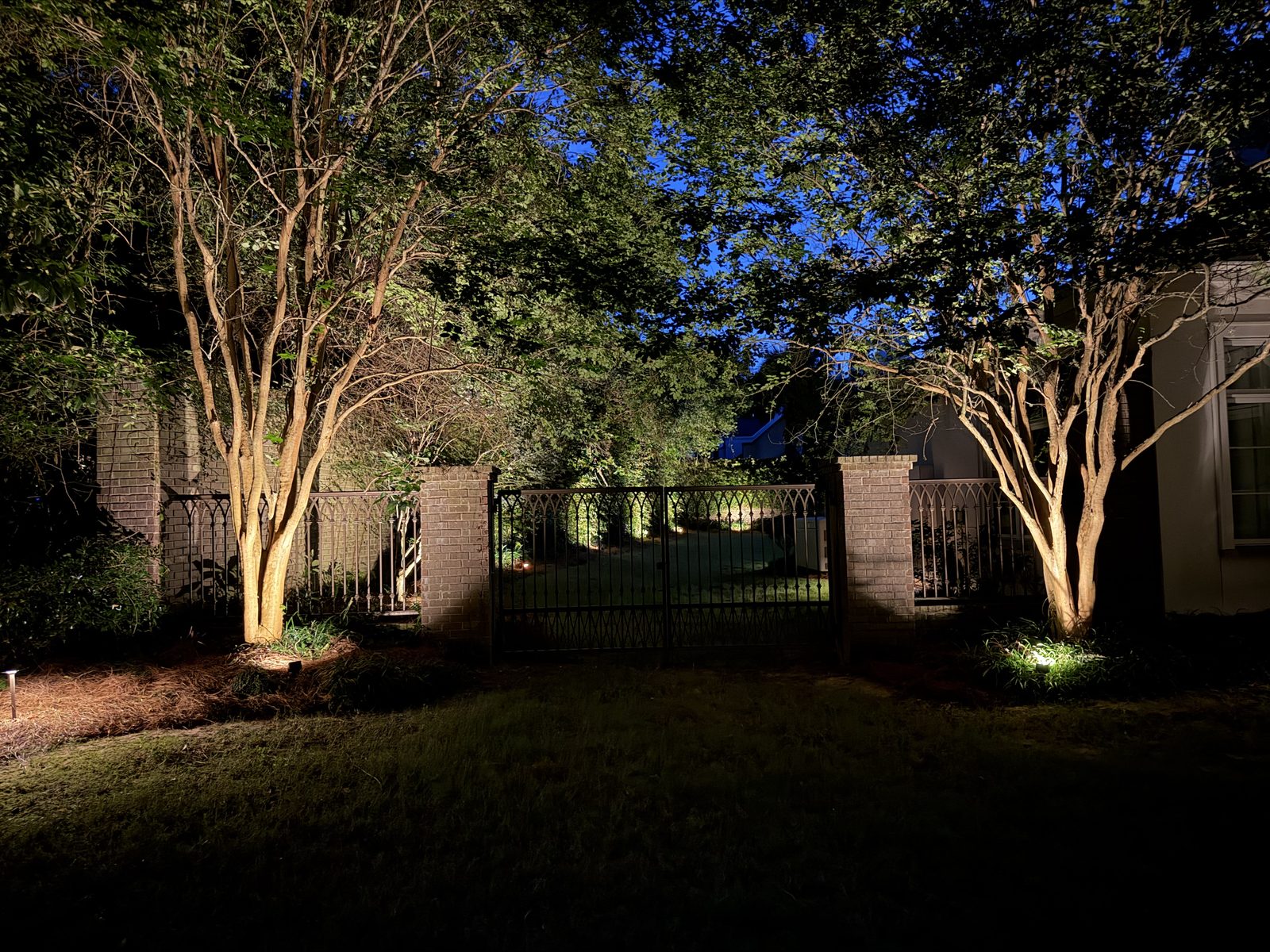 Wrought-iron garden gate and brick piers framed by uplit crepe myrtles at blue hour