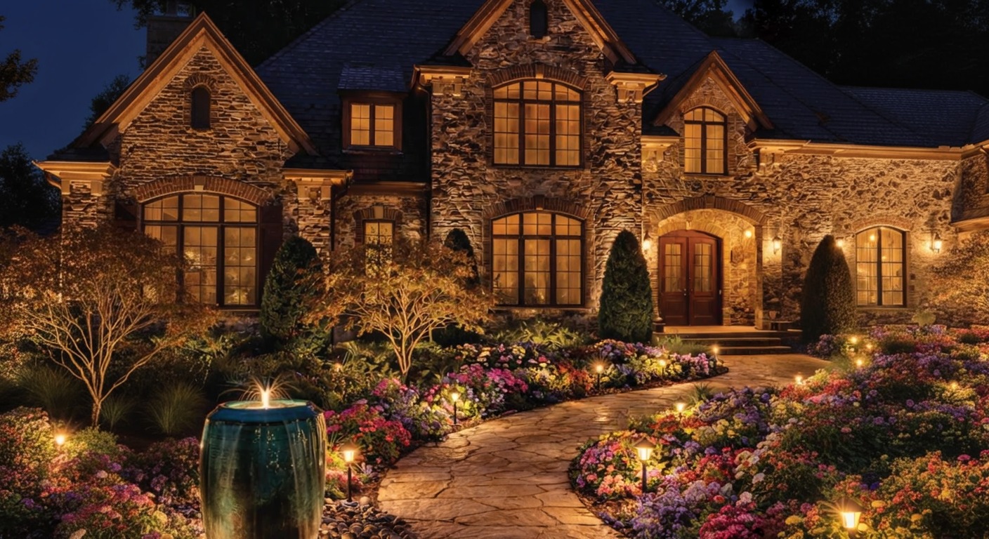 Stone estate garden at twilight with a glowing lit fountain, colorful flower beds, and warm-gold architectural lighting — a Redeeming Eden project