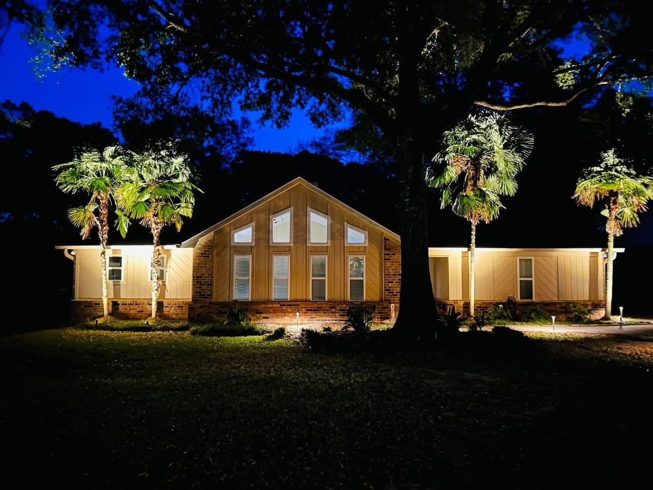 Home framed by uplit palms and a great oak against a deep blue sky